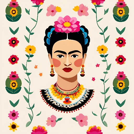 a close up of a fridah with flowers and a necklace