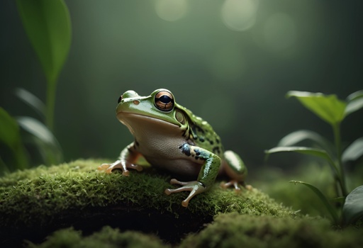 a frog that is sitting on a mossy surface