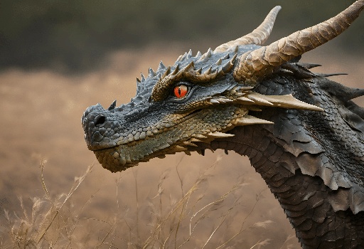 a dragon head with horns and a red eye