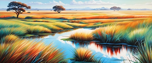 painting of a river running through a grassy field with trees