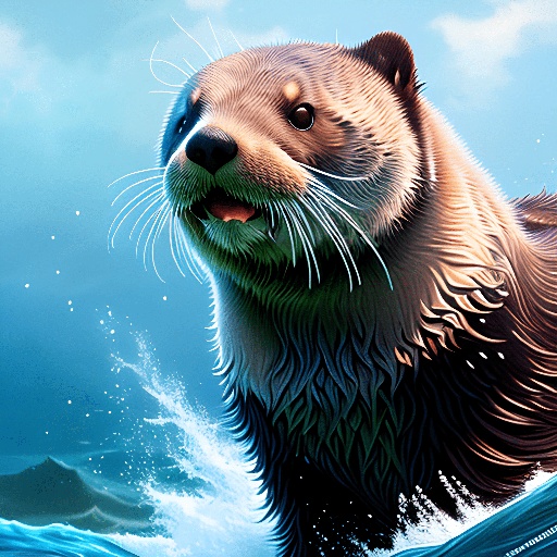 painting of a sea otter in the water with a wave coming up