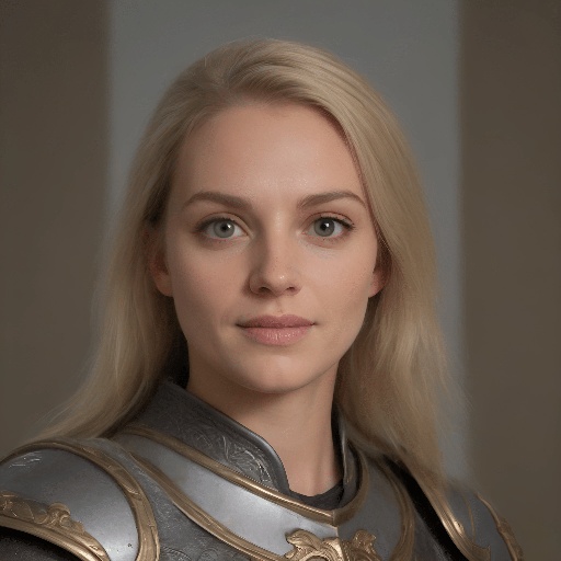 blond woman in armor posing for a portrait in a room