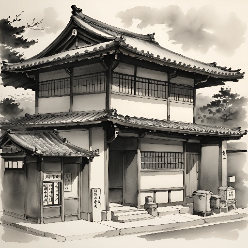 drawing of a japanese style building with a lot of windows