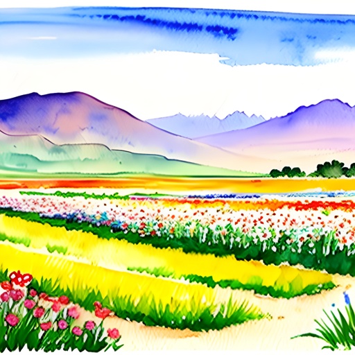 painting of a field of flowers with mountains in the background