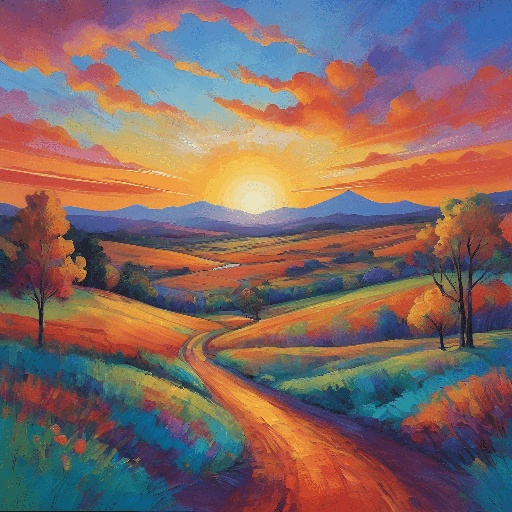painting of a sunset over a rural road with trees and hills