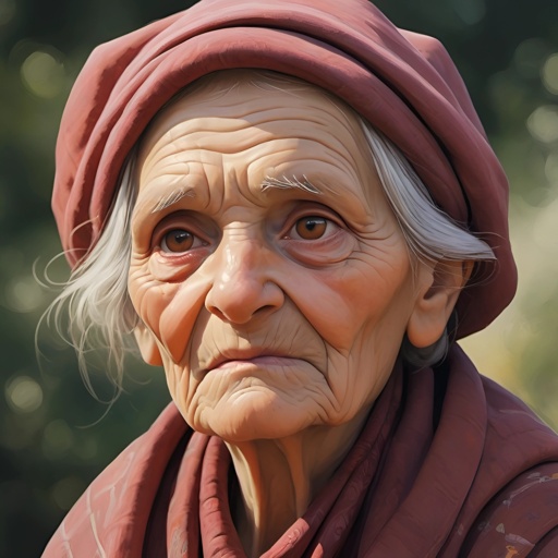 an old woman with a red hat and scarf looks at the camera