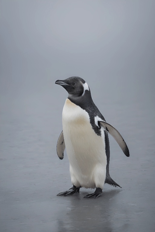 a penguin walking on the wet ground in the rain