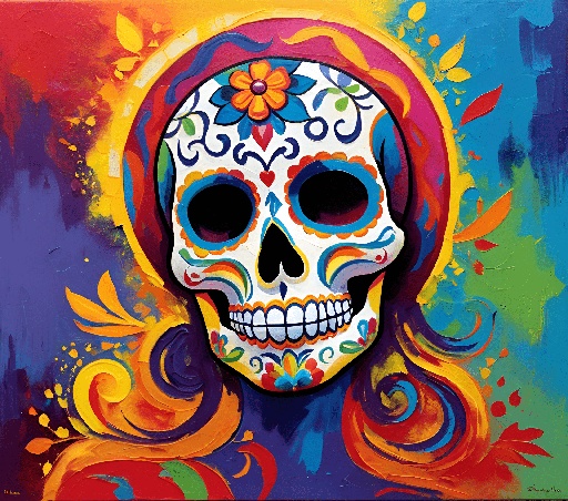 brightly colored painting of a skull with a flower in its mouth