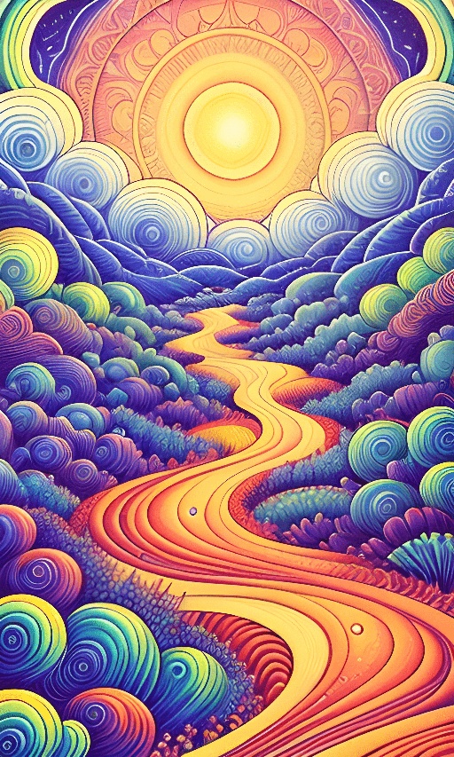 a painting of a winding road with a sun in the background