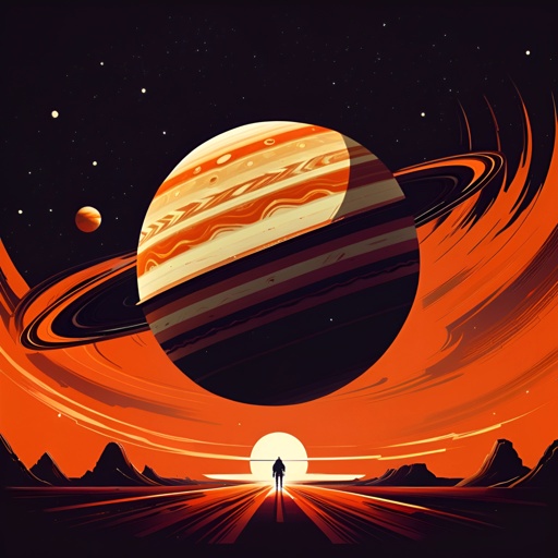 illustration of a man standing in front of a planet with a ring around it
