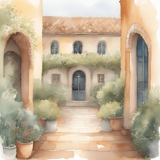a painting of a courtyard with potted plants and a building
