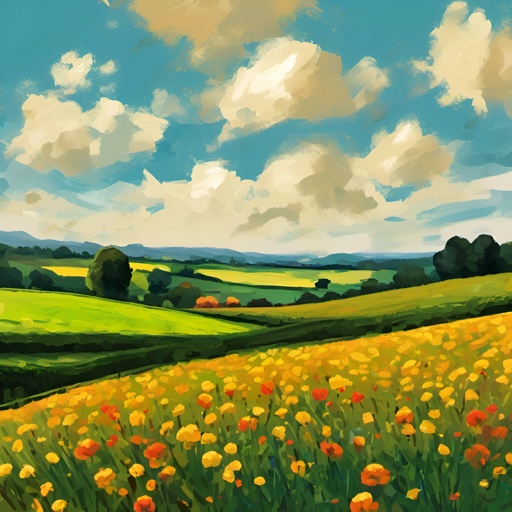 painting of a field of yellow flowers with a blue sky in the background