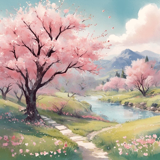painting of a river and a path with pink flowers in the foreground