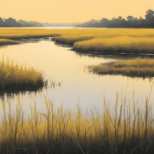 painting of a river with a yellow sky and grass in the foreground