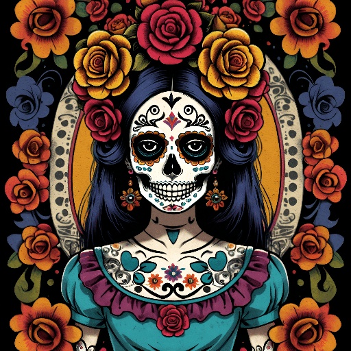 a close up of a woman with a skull face and flowers