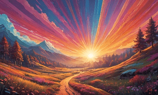 painting of a sunset in a mountain valley with a road