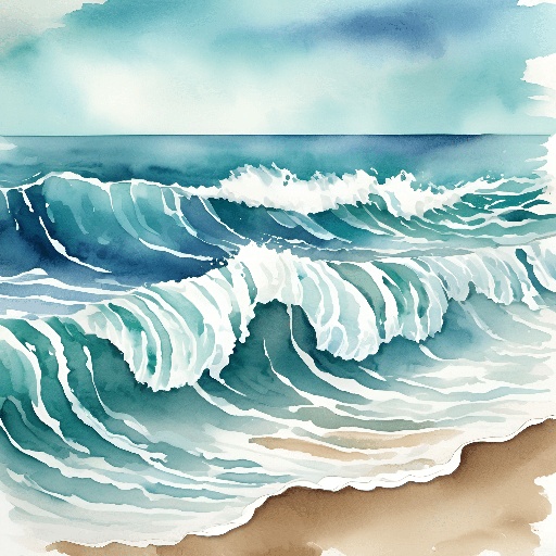 painting of a wave breaking on the beach with a blue sky