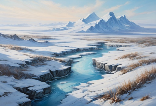 painting of a river running through a snowy landscape with mountains in the background
