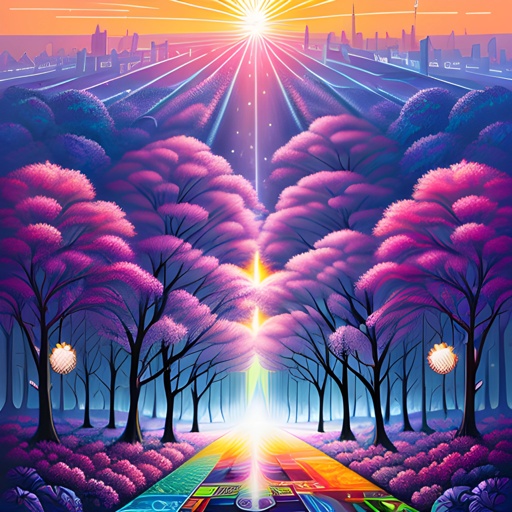 painting of a colorful landscape with a rainbow path leading to a bright star