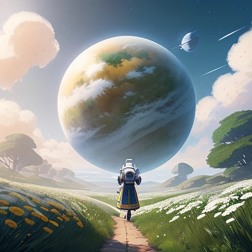 view of a woman walking on a path towards a planet