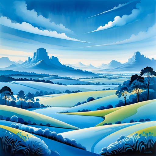 a painting of a blue landscape with mountains and trees