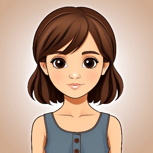 cartoon girl with brown hair and blue dress looking at camera