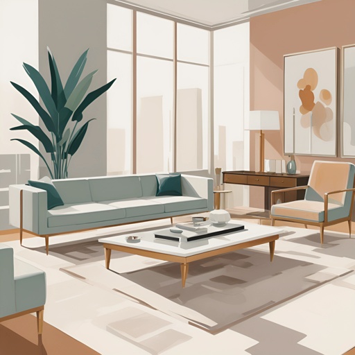 a living room with a couch, chair, table and a plant