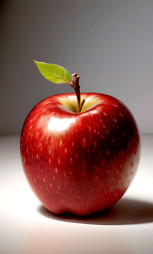 a red apple with a leaf on it