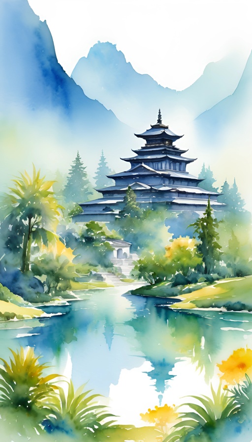a watercolor painting of a pagoda in the mountains