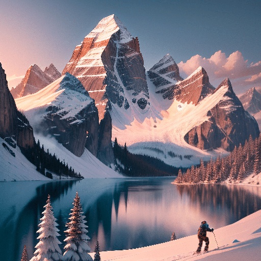mountains are covered in snow and a man is skiing down a mountain