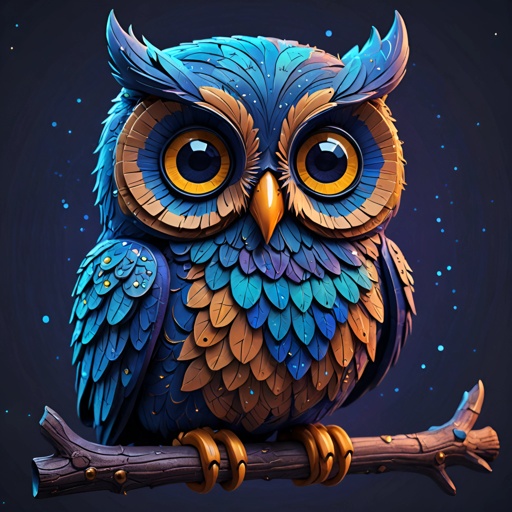 brightly colored owl sitting on a branch with stars in the background