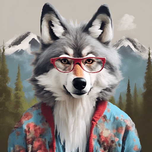 a wolf wearing glasses and a jacket with a mountain background
