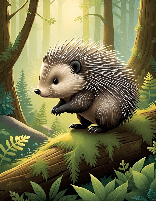 hedgehog sitting on a log in the woods with a forest background