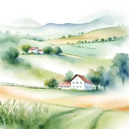 a painting of a farm with a red roof