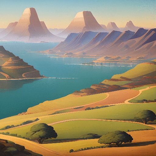 a painting of a mountain range with a lake in the middle