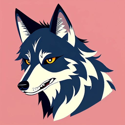 a cartoon wolf with yellow eyes on a pink background