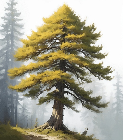 painting of a lone tree in a foggy forest with a path
