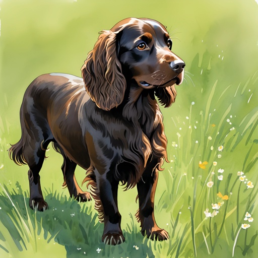 painting of a dog standing in a field of grass and flowers