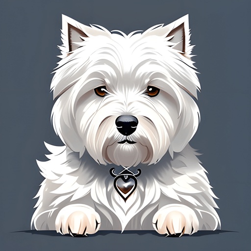 a white dog with a black collar and a heart on its collar