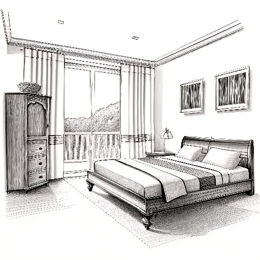 drawing of a bedroom with a bed, dresser, and window