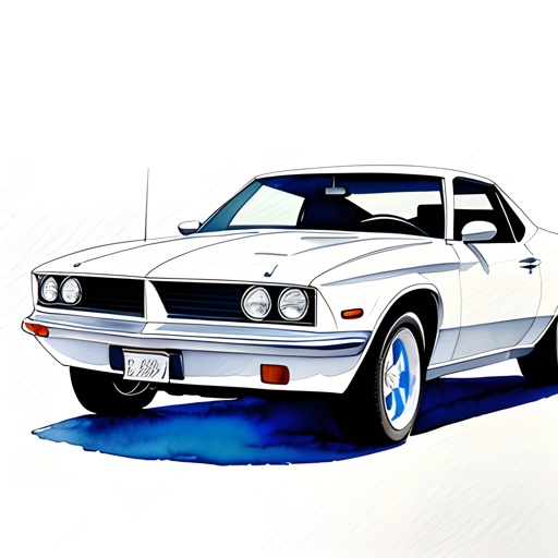 drawing of a white car with blue rims on a white background