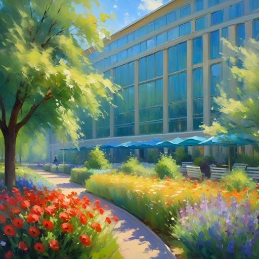 painting of a building with a garden and flowers in front of it