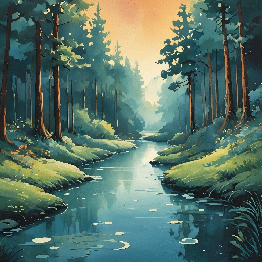 painting of a river in a forest with trees and grass