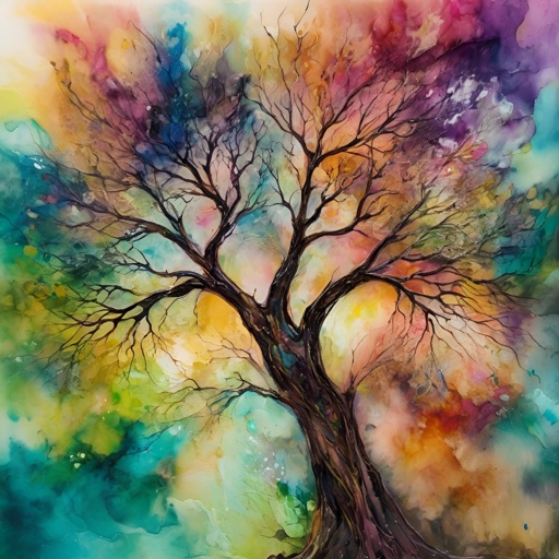 painting of a tree with a colorful sky background