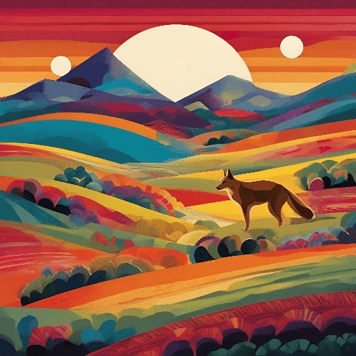 illustration of a fox in a field with mountains in the background