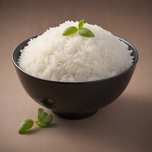 a bowl of rice with a sprig of basil on top
