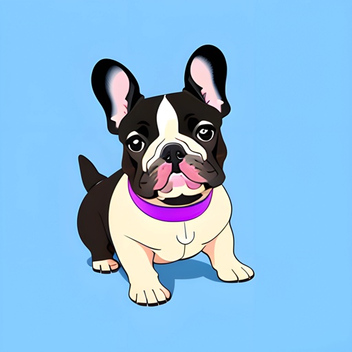 cartoon drawing of a black and white dog with a purple collar