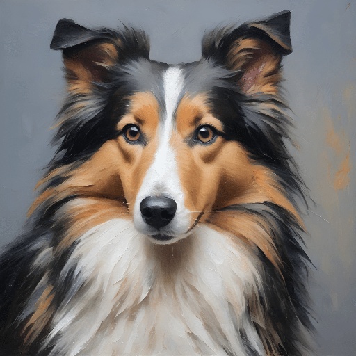 painting of a dog with a brown, white and black face