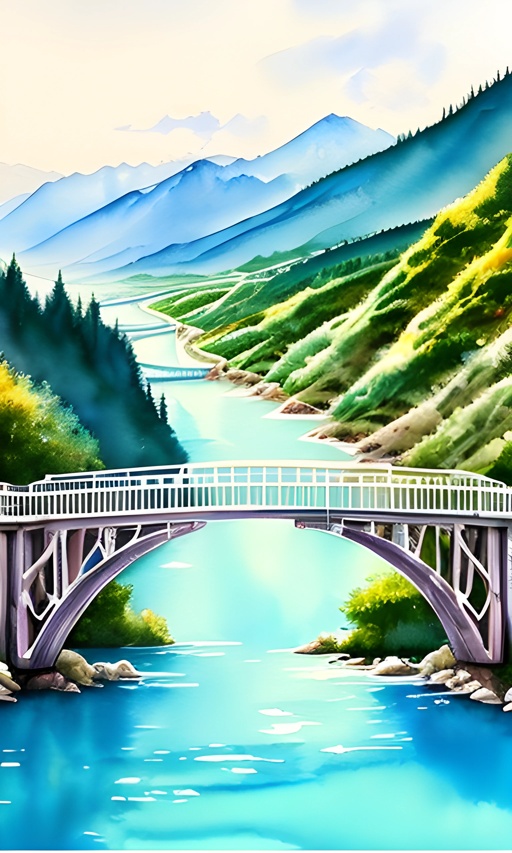 painting of a bridge over a river with mountains in the background