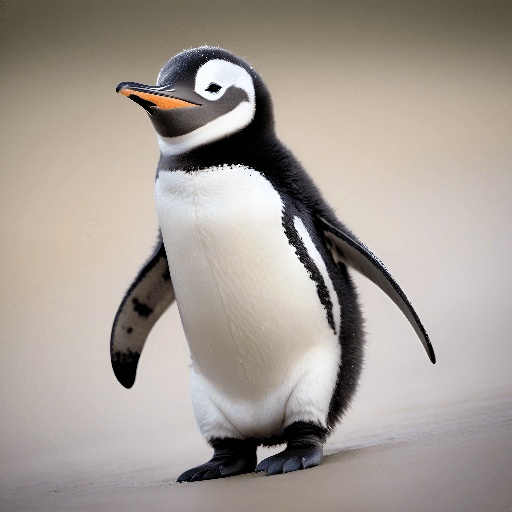 a penguin that is standing on the ground with its wings spread